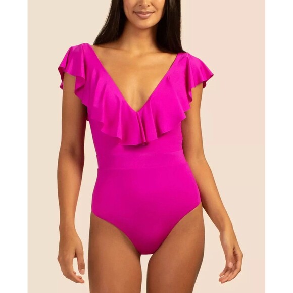 Trina Turk Atlas Ruffle Plunge One Piece Swimsuit In Pink Orchid Sz 14 - Picture 1 of 7